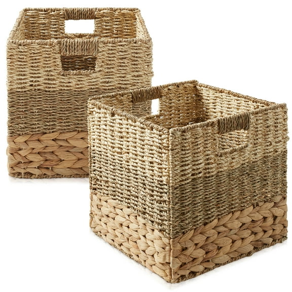 Casafield 10.5" x 10.5" Mixed Weave Storage Baskets, Natural - Set of 2 Collapsible Cubes, Woven Bin Organizers for Bathroom, Bedroom, Laundry