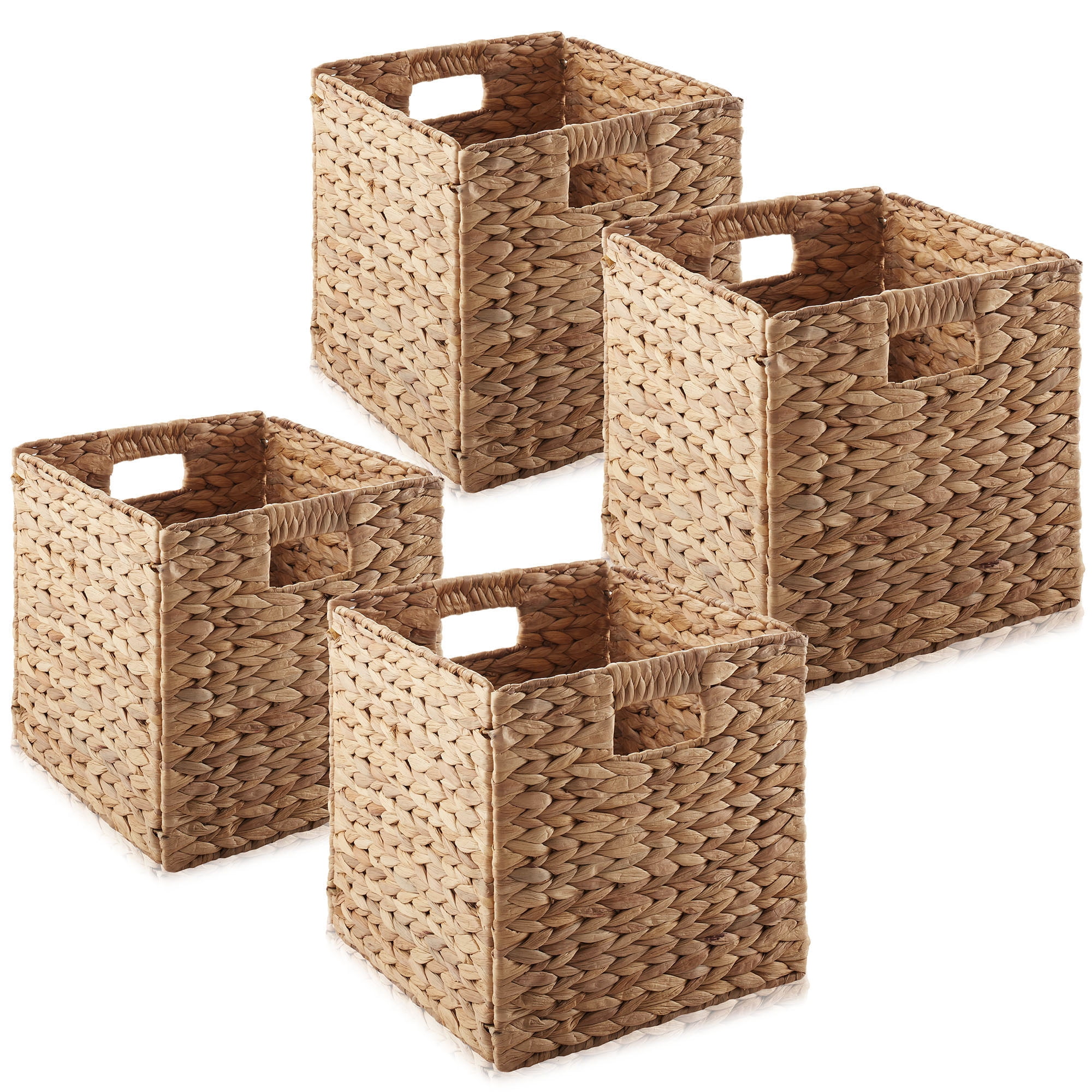 Casafield 10.5" x 10.5" Water Hyacinth Storage Baskets, Cinnamon, Set of 4 Collapsible Cubes, Handwoven Organizer BIns for Bathroom, Bedroom, Laundry