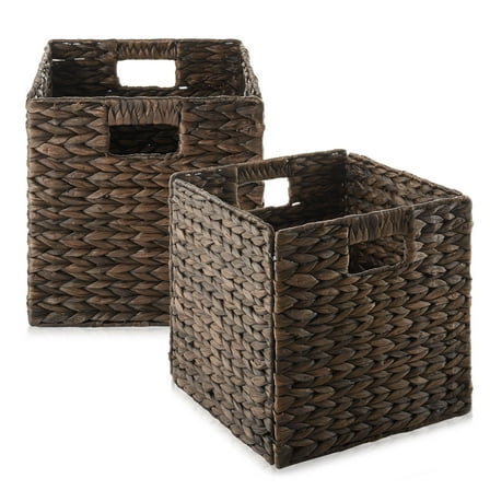 Casafield 10.5" x 10.5" Water Hyacinth Storage Baskets, Espresso - Set of 2 Collapsible Cube Organizers, Woven Bins for Bathroom, Bedroom, Laundry, Pantry, Shelves