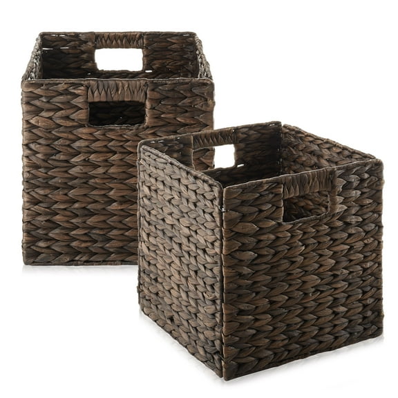 Casafield 10.5" x 10.5" Water Hyacinth Storage Baskets, Espresso - Set of 2 Collapsible Cube Organizers, Woven Bins for Bathroom, Bedroom, Laundry, Pantry, Shelves