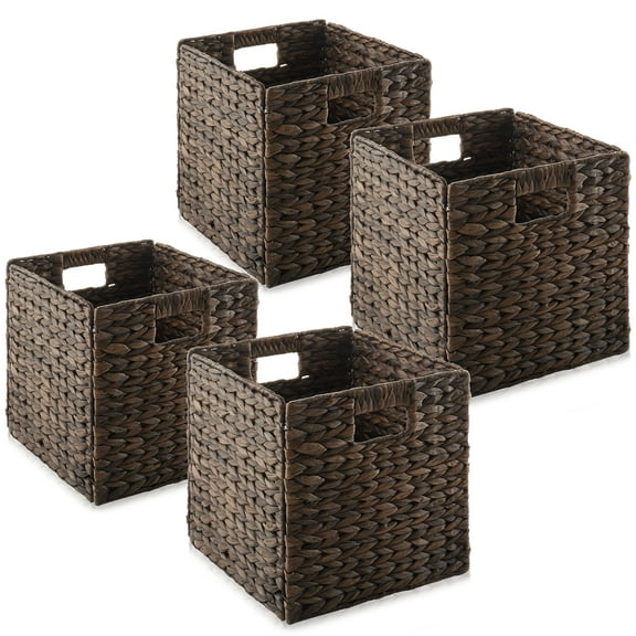 Casafield 10.5" x 10.5" Water Hyacinth Storage Baskets, Espresso - Set of 4 Collapsible Cube Organizers, Woven Bins for Bathroom, Bedroom, Laundry, Pantry, Shelves