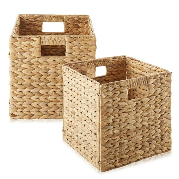 Casafield 10.5" x 10.5" Water Hyacinth Storage Baskets, Natural - Set of 2 Collapsible Cube Organizers, Woven Bins for Bathroom, Bedroom, Laundry, Pantry, Shelves