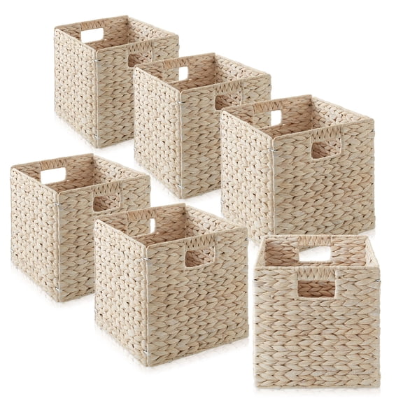 Casafield 10.5" x 10.5" Water Hyacinth Storage Baskets, Whitewash, Set of 5 Collapsible Cubes, Handwoven Organizer BIns for Bathroom, Bedroom, Laundry