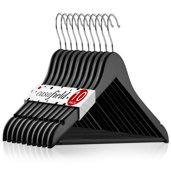 Casafield 10 Wooden Suit Hangers, Black - Non-Slip Pant Bar & Swivel Hook