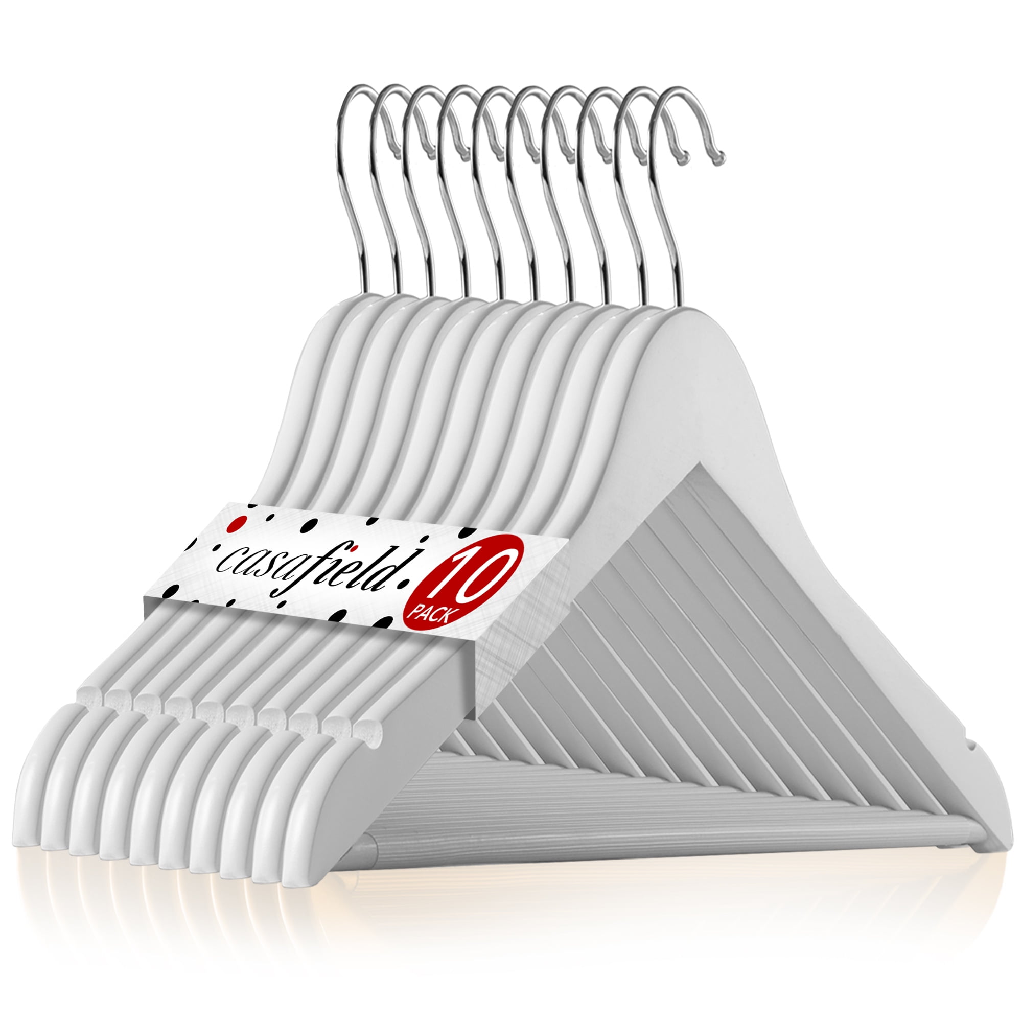White Wooden Suit Hangers with Non-Slip Bar, Set of 10