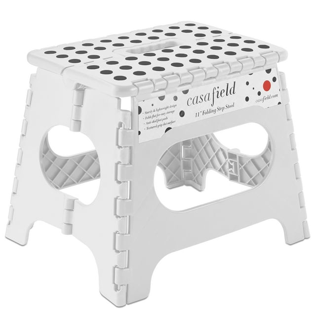 Casafield 11" Folding Step Stool with Handle - White, Collapsible Foot Stool for Kids and Adults