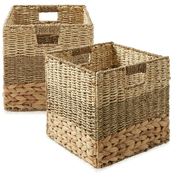 Casafield 12" x 12" Mixed Weave Storage Baskets, Natural - Set of 2 Collapsible Cubes, Woven Bin Organizers for Bathroom, Bedroom, Laundry