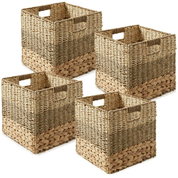 Casafield 12" x 12" Mixed Weave Storage Baskets, Natural - Set of 4 Collapsible Cubes, Woven Bin Organizers for Bathroom, Bedroom, Laundry