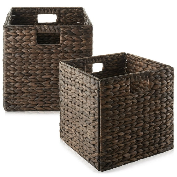 Casafield 12" x 12" Water Hyacinth Storage Baskets, Espresso - Set of 2 Collapsible Cube Organizers, Woven Bins for Bathroom, Bedroom, Laundry, Pantry, Shelves