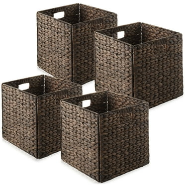 Casafield 12" x 12" Water Hyacinth Storage Baskets, Espresso - Set of 4 Collapsible Cube Organizers, Woven Bins for Bathroom, Bedroom, Laundry, Pantry, Shelves