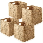 Casafield 12 x 12 Water Hyacinth Storage Baskets, Natural - Set of 4 Collapsible Cube Organizers, Woven Bins for Bathroom, Bedroom, Laundry, Pantry, Shelves