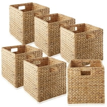Casafield 12" x 12" Water Hyacinth Storage Baskets, Natural - Set of 6 Collapsible Cube Organizers, Woven Bins for Bathroom, Bedroom, Laundry, Pantry, Shelves