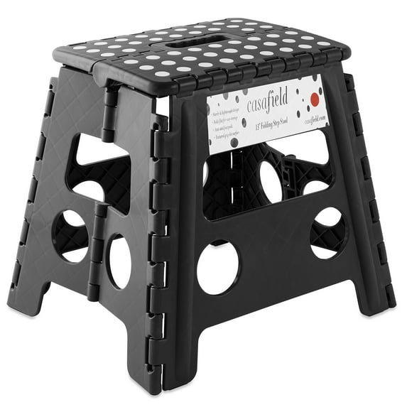 Casafield 13" Folding Step Stool with Handle - Black, Collapsible Foot Stool for Adults