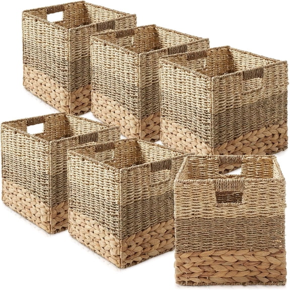 Casafield 13" x 13" Mixed Weave Storage Baskets, Natural - Set of 6 Woven Hyacinth Seagrass Wicker Storage Cube Bins for Bathroom, Bedroom, Laundry, Pantry, Shelves