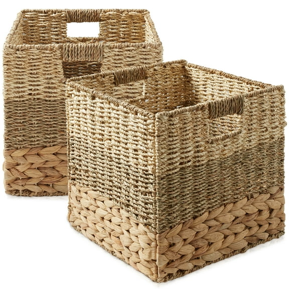 Casafield 13" x 13" Mixed Weave Storage Baskets, Natural - Set of 2 Collapsible Cubes, Woven Bin Organizers for Bathroom, Bedroom, Laundry