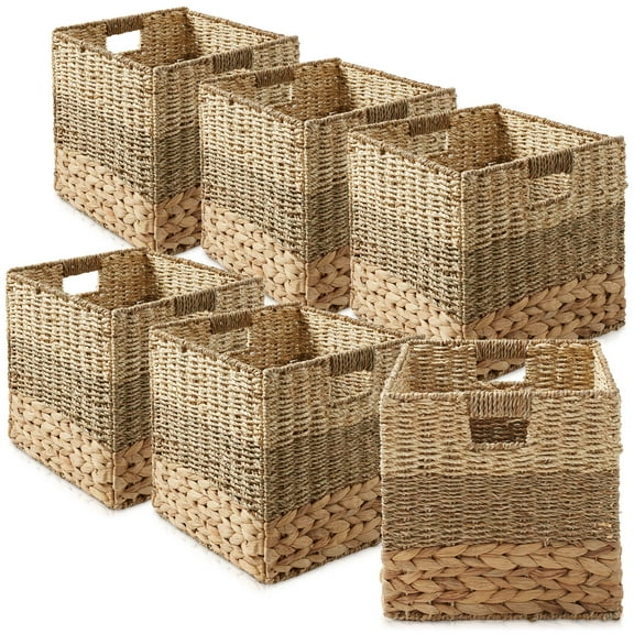 Casafield 13" x 13" Mixed Weave Storage Baskets, Natural - Set of 6 Collapsible Cubes, Woven Bin Organizers for Bathroom, Bedroom, Laundry