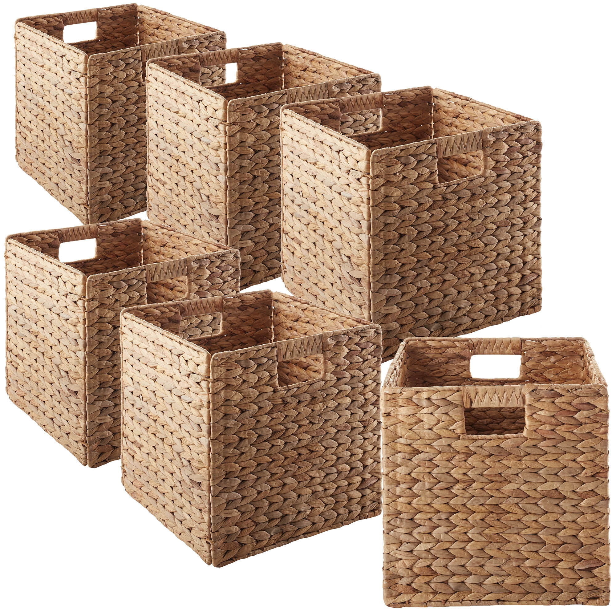 Casafield 13" x 13" Water Hyacinth Storage Baskets, Cinnamon - Set of 6 Collapsible Cubes, Handwoven Organizer BIns for Bathroom, Bedroom, Laundry