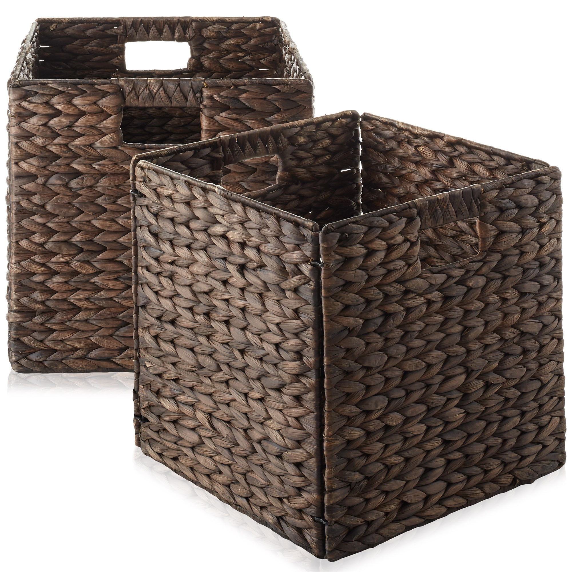 Espresso Handwoven Water Hyacinth Square Storage Baskets, Set of 2