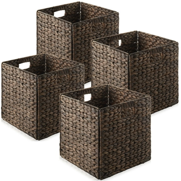 Casafield 13" x 13" Water Hyacinth Storage Baskets, Espresso - Set of 4 Collapsible Cube Organizers, Woven Bins for Bathroom, Bedroom, Laundry, Pantry, Shelves