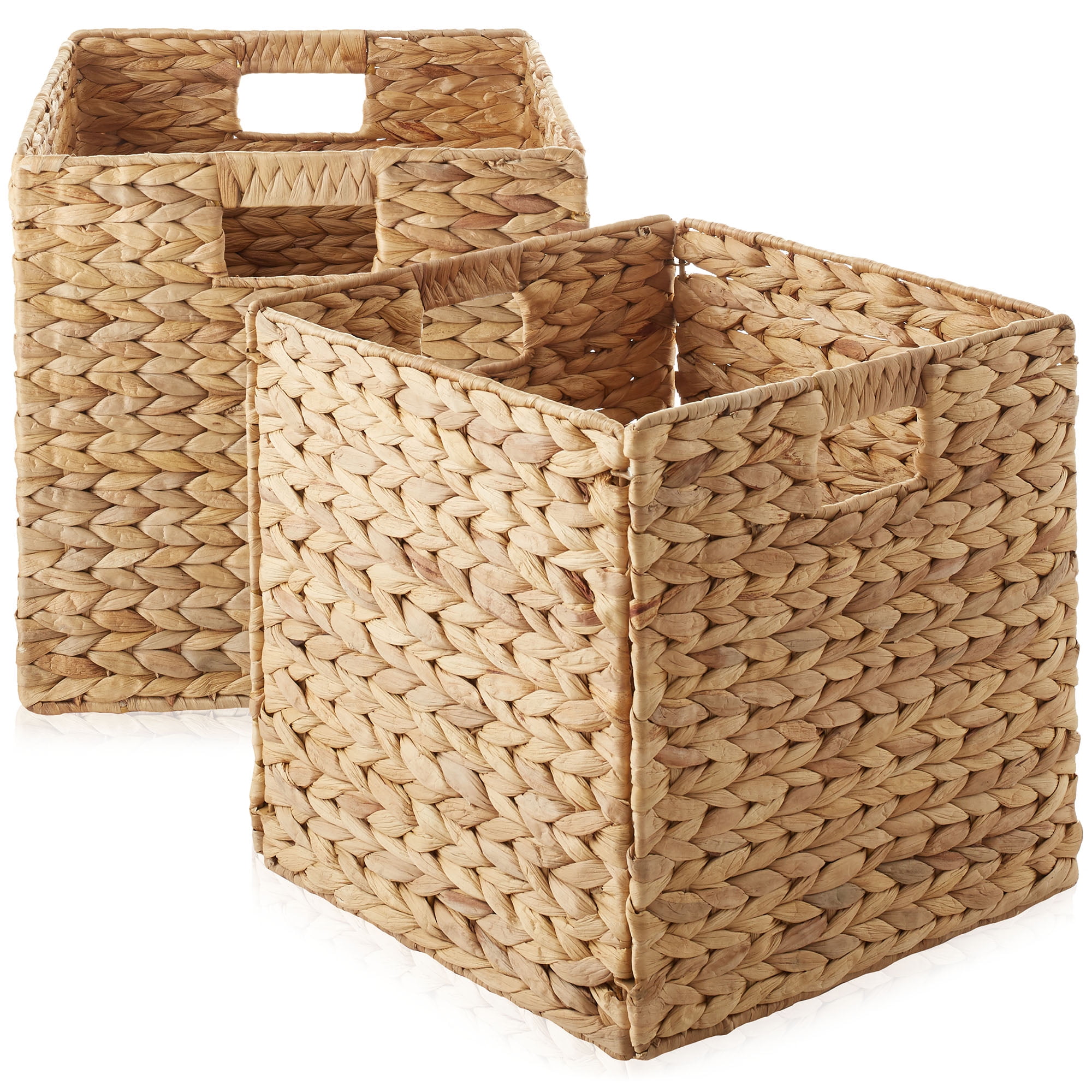 Casafield 13" x 13" Water Hyacinth Storage Baskets, Natural - Set of 2 Collapsible Cube Organizers, Woven Bins for Bathroom, Bedroom, Laundry, Pantry, Shelves