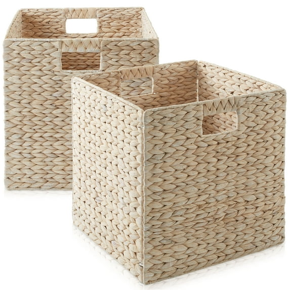Casafield 13" x 13" Water Hyacinth Storage Baskets, Whitewash - Set of 2 Collapsible Cubes, Handwoven Organizer BIns for Bathroom, Bedroom, Laundry