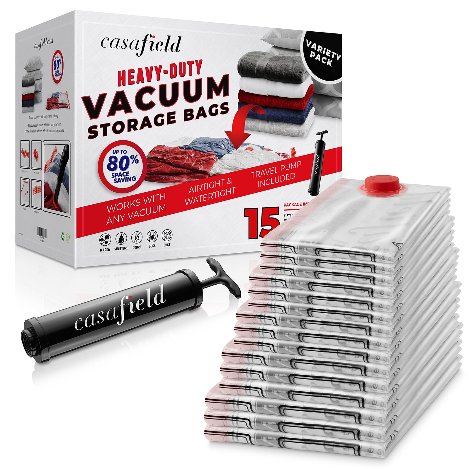 Casafield 15 Vacuum Storage Bags for Clothes and Blankets, Variety Pack  with Hand Pump, Space Saving Compression Bags