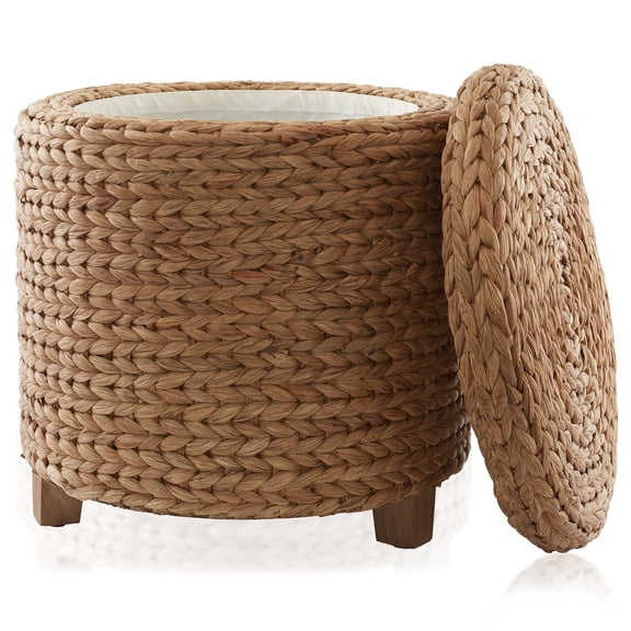 Casafield 17" Round Storage Ottoman with Lid - Cinnamon, Handwoven Footstool for Living Room, Bedroom, Bathroom, Home Office