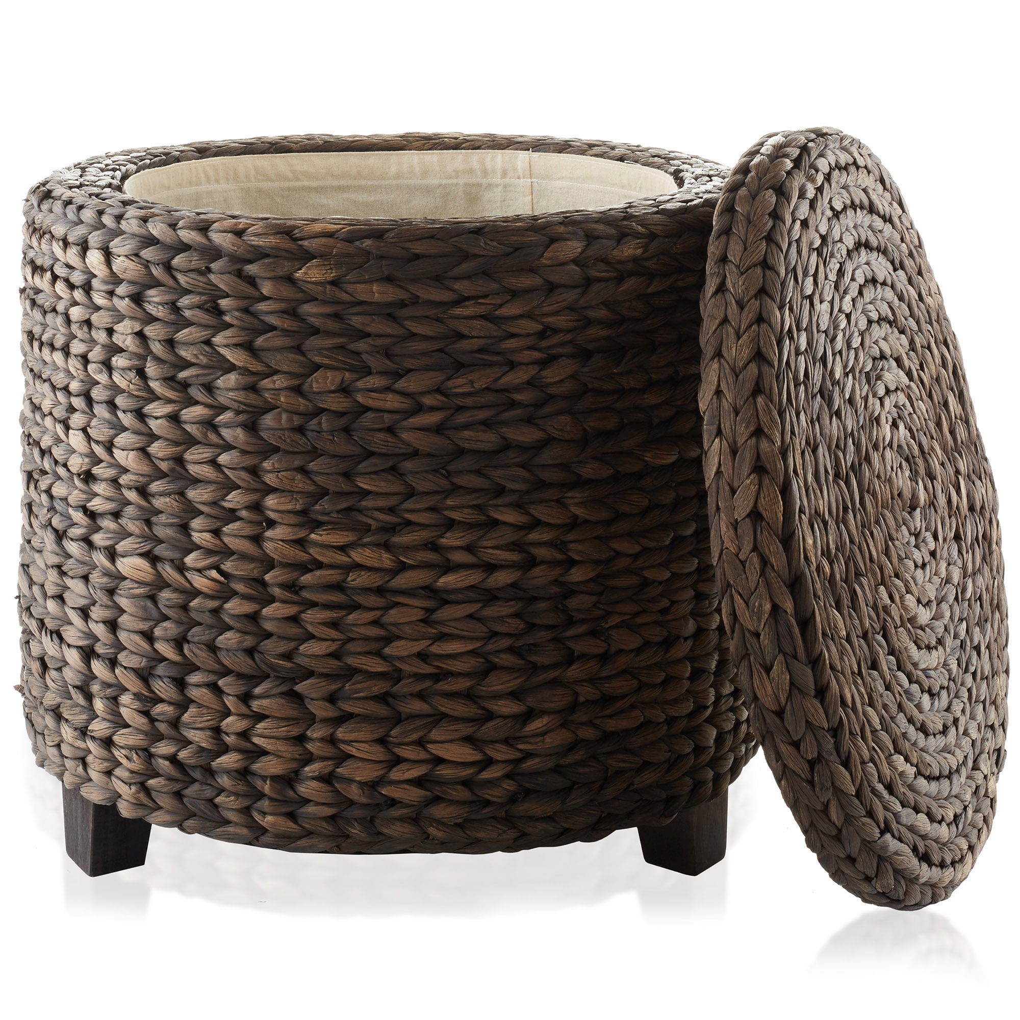 Casafield 17" Round Storage Ottoman with Lid - Espresso Dark Brown, Handwoven Footstool for Living Room, Bedroom, Bathroom, Home Office