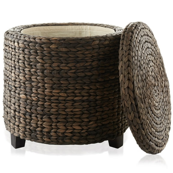 Casafield 17" Round Storage Ottoman with Lid - Espresso, Handwoven Footstool for Living Room, Bedroom, Bathroom, Home Office