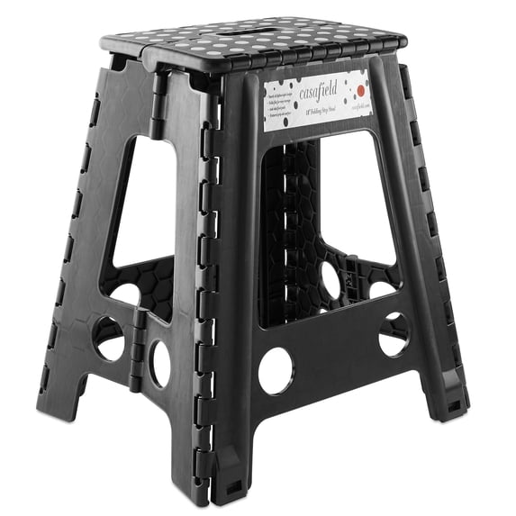 Casafield 18" Folding Step Stool with Handle - Black, Collapsible Foot Stool for Adults