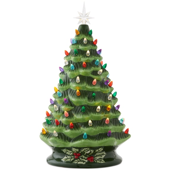 Casafield 18" Hand Painted Ceramic Christmas Tree, Green Pre-Lit Tree with 186 Multi Color Lights and 2 Star Toppers