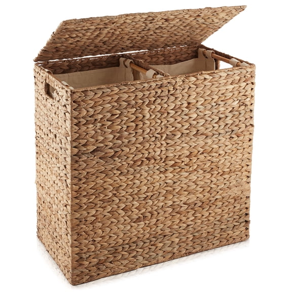 Casafield 2-Section Laundry Hamper with Lid and Removable Liner Bags - Cinnamon Brown, Woven Water Hyacinth Laundry Basket for Clothes