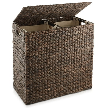 Casafield 2-Section Laundry Hamper with Lid and Removable Liner Bags - Espresso, Woven Water Hyacinth Laundry Basket for Clothes