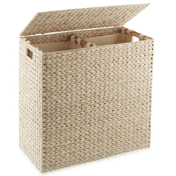 Casafield 2-Section Laundry Hamper with Lid and Removable Liner Bags - Whitewash, Woven Water Hyacinth Laundry Basket for Clothes