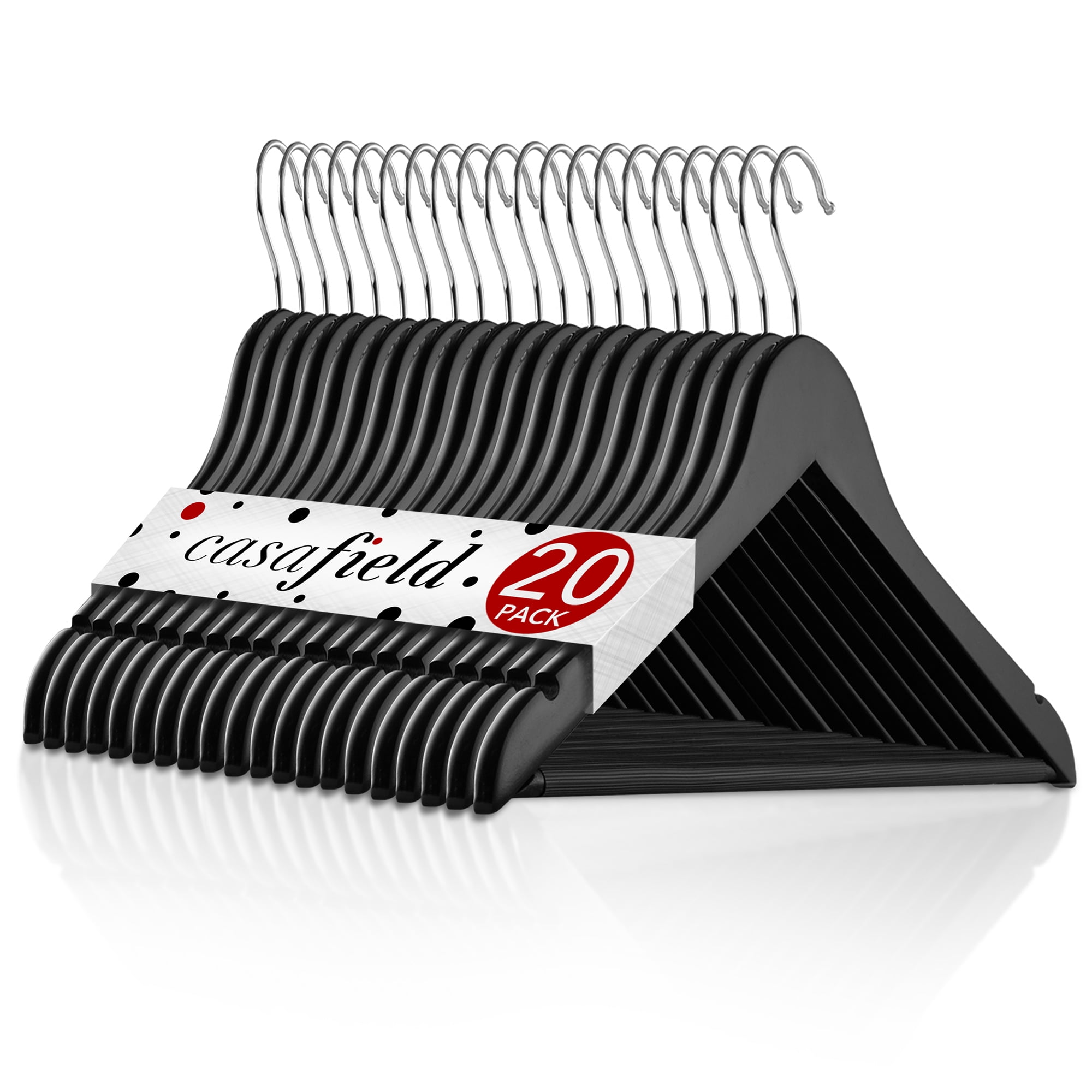 Casafield 20 Wooden Suit Hangers, Black - Non-Slip Pant Bar & Swivel Hook