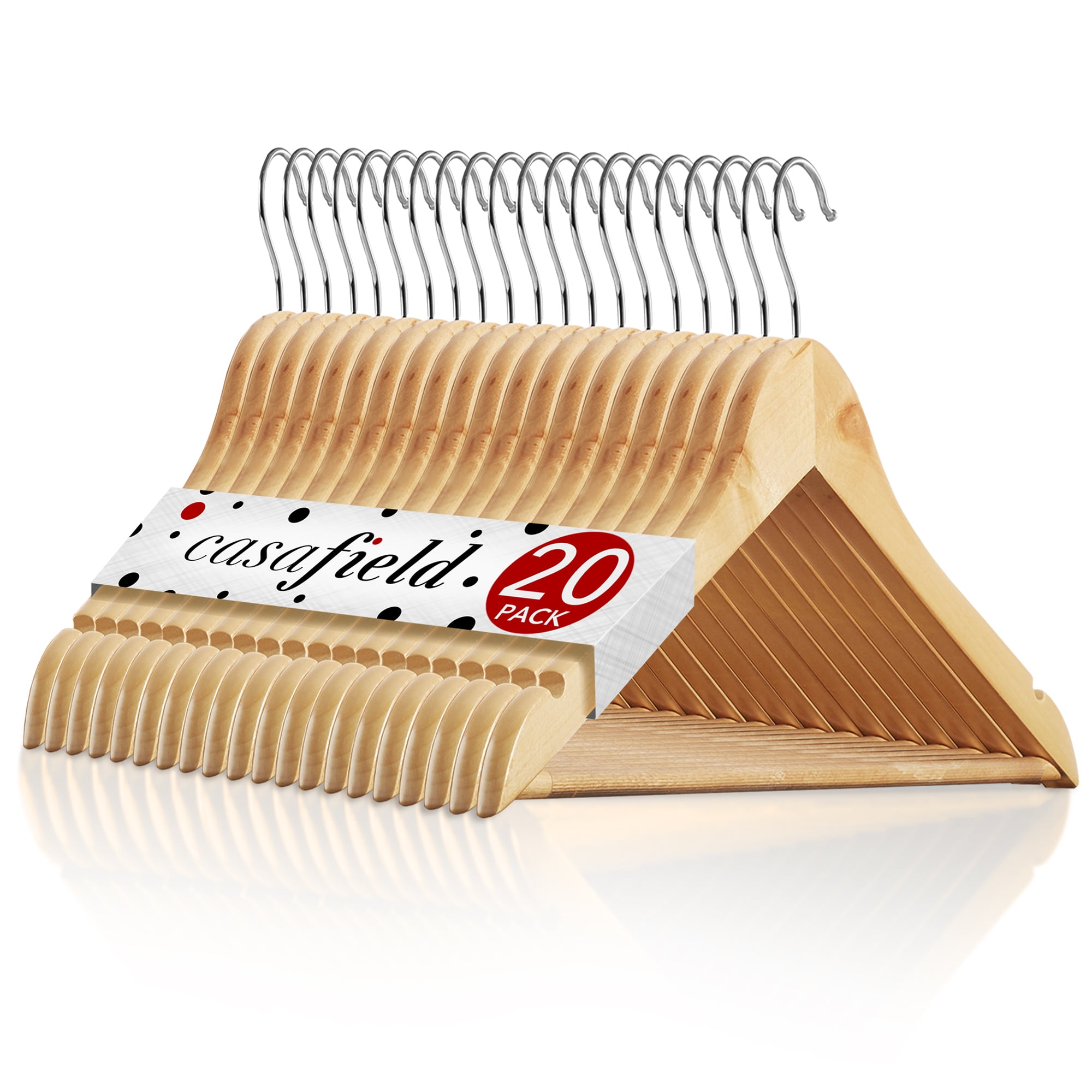 Casafield 20 Wooden Suit Hangers, Natural - Non-Slip Pant Bar & Swivel Hook