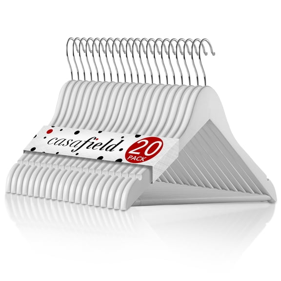Casafield 20 Wooden Suit Hangers, White - Non-Slip Pant Bar & Swivel Hook