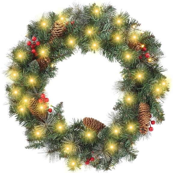 Casafield 24" Pre-Lit Fir Artificial Christmas Wreath Holiday Décor, 50 LED Lights, 108 PVC Tips Pinecones, Berries for Front Door, Window, or Mantel