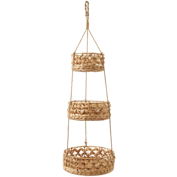 Casafield 3-Tier Hanging Fruit Basket Set, Natural Water Hyacinth Storage Baskets for Produce, Herbs, Plants, Boho Kitchen Pantry Storage Organizer