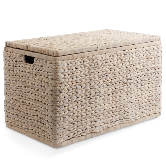 Casafield 30" Storage Chest with Lid, Handles, Safety Hinge - Whitewash White, Water Hyacinth Wicker Storage Trunk for Bedroom, Entry Way, Living Room