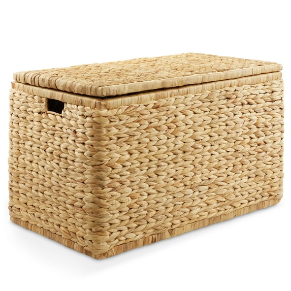 Casafield 30" Storage Chest with Lid, Handles, Safety Hinge - Natural, Water Hyacinth Wicker Storage Trunk Basket for Bedroom, Entry Way, Living Room
