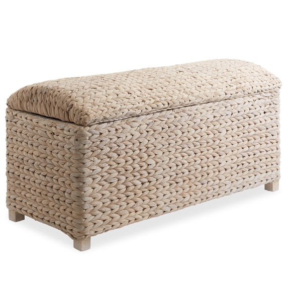 Casafield 36" Storage Trunk with Curved Lid, Safety Hinge - Whitewash, Water Hyacinth Wicker Storage Chest Basket for Bedroom, Entry Way, Living Room