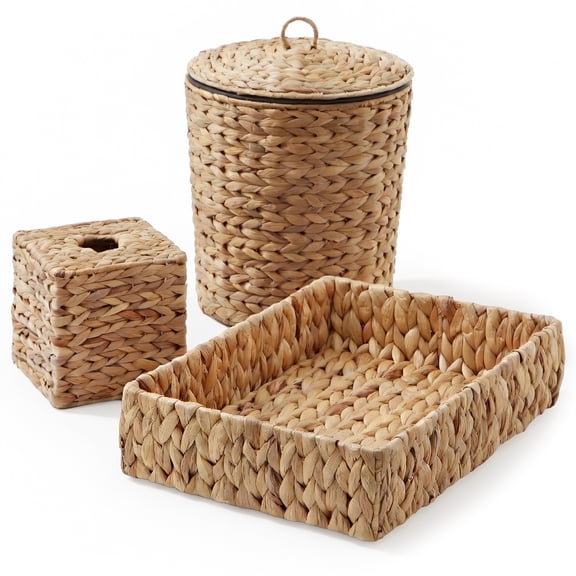 Casafield 3pc Bathroom Accessories Set, Natural Water Hyacinth Farmhouse Bath Kit, Includes Trash Can, Storage Tray, Square Tissue Box Cover