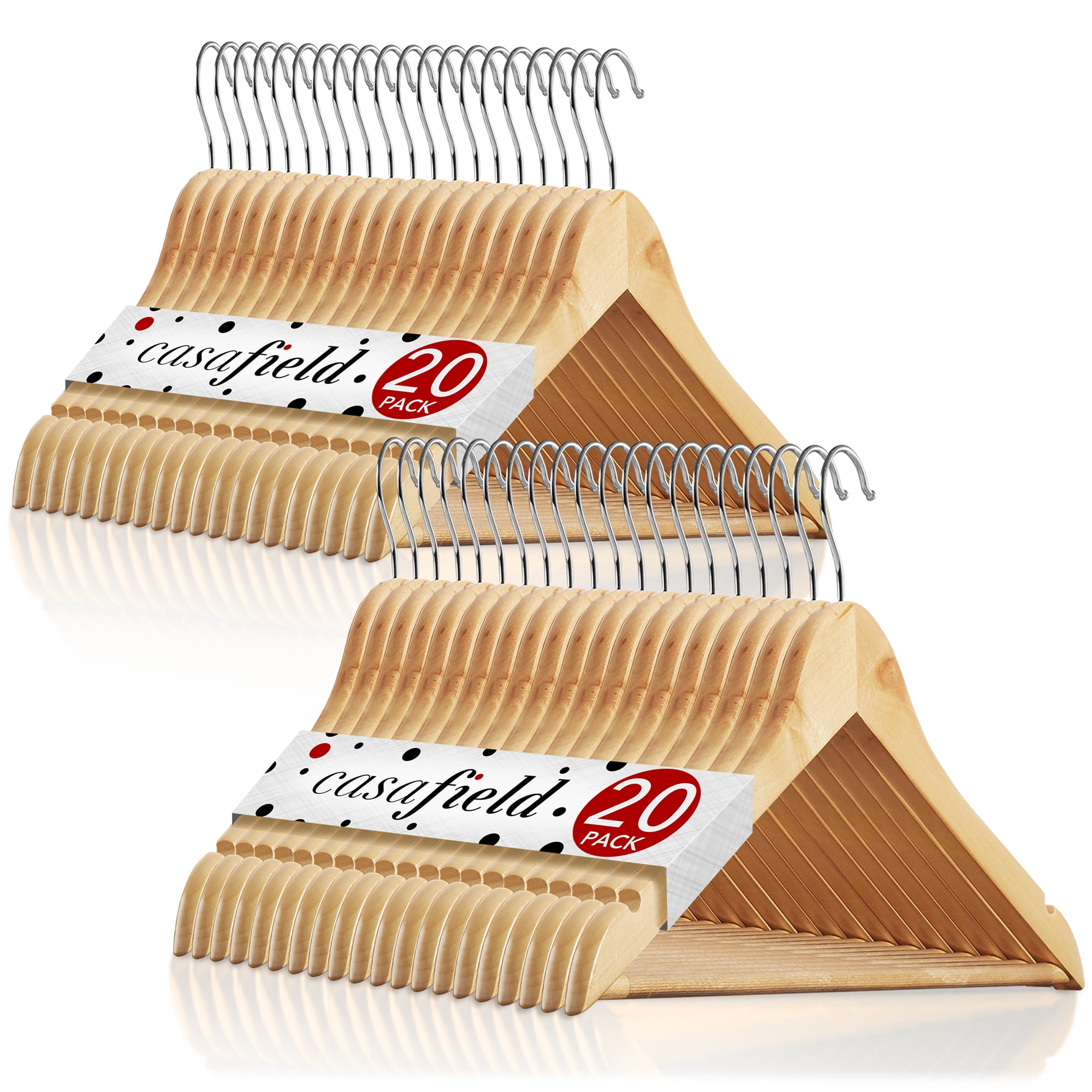 Casafield 40 Wooden Suit Hangers, Natural - Non-Slip Pant Bar & Swivel Hook