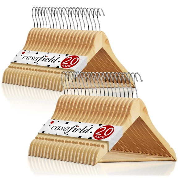 Casafield 40 Wooden Suit Hangers, Natural - Non-Slip Pant Bar & Swivel Hook