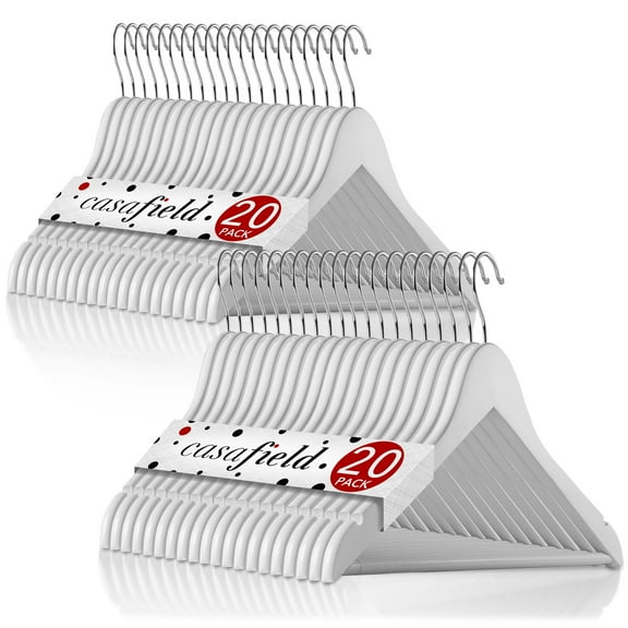 Casafield 40 Wooden Suit Hangers, White - Non-Slip Pant Bar & Swivel Hook