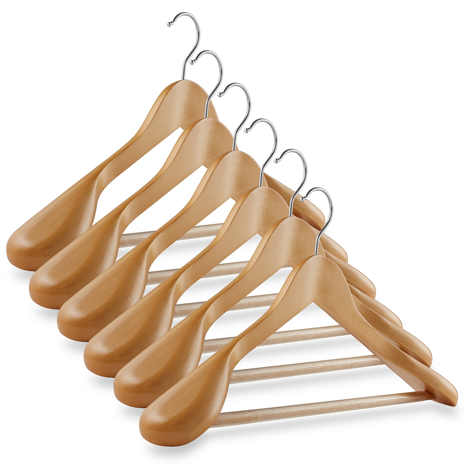 Casafield 6 Wide Shoulder Wooden Suit Hangers, Natural - Non-Slip Pant Bar & Swivel Hook
