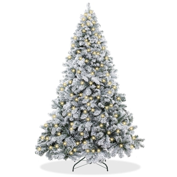 7.5FT Pre-Lit Realistic Snow-Flocked Pine Artificial Holiday Christmas Tree with Sturdy Metal Stand