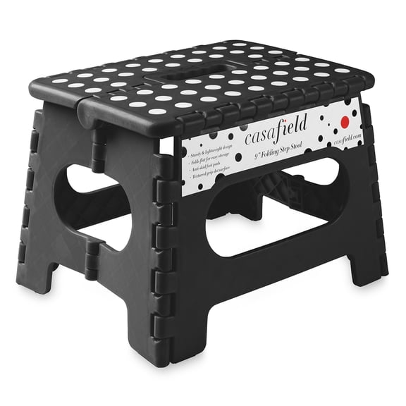 Casafield 9" Folding Step Stool with Handle - Black, Collapsible Foot Stool for Adults
