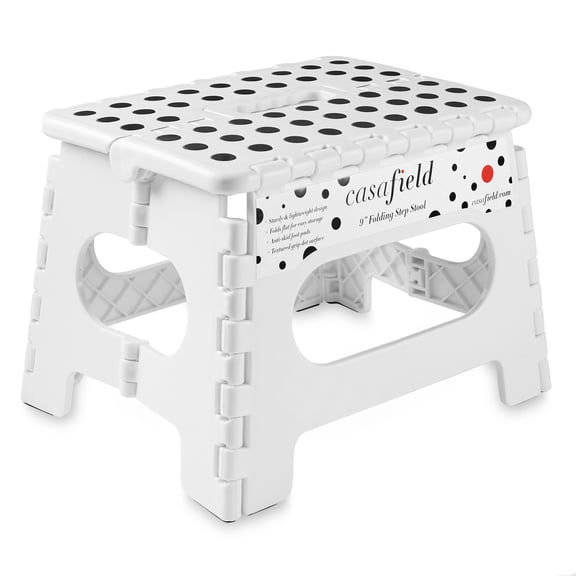 Casafield 9" Folding Step Stool with Handle - White, Collapsible Foot Stool for Adults